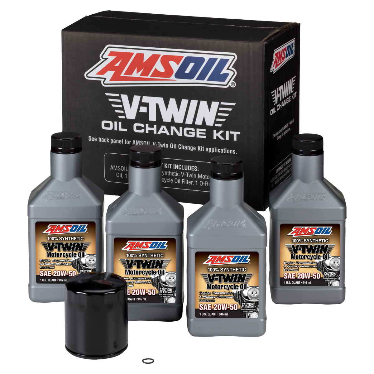 AMSOIL 20W-50 Synthetic V-Twin Oil Change Kit - 4 Quarts with Black Filter