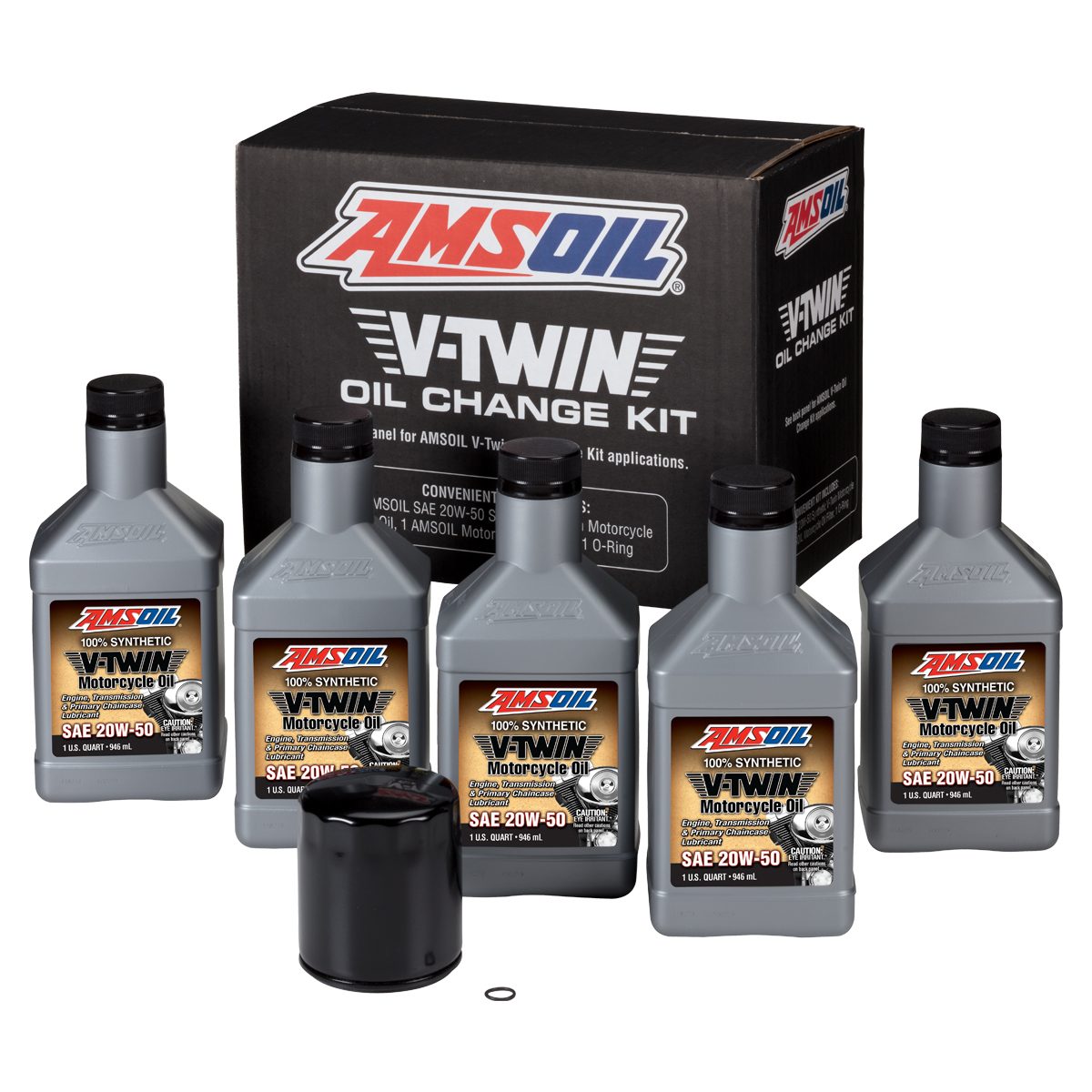 AMSOIL 20W-50 Synthetic V-Twin Oil Change Kit - 5 Quarts with Black Filter